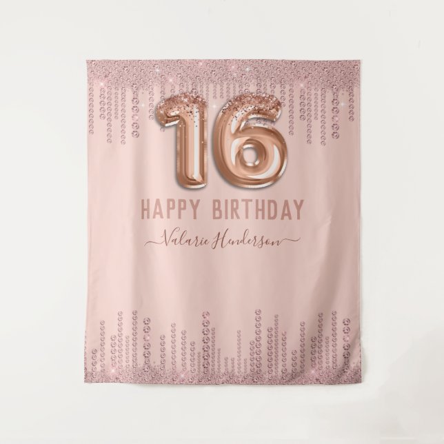 Blush Pink Diamond Tropfen Happy 16. Geburtstag Wandteppich (Vorderseite)