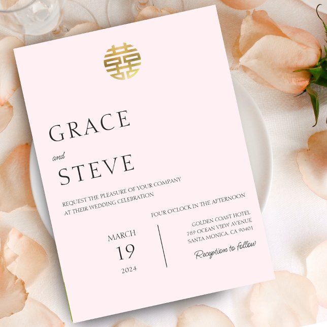 Blush Pink Double Happiness Chinesisch koreanische Einladung (Blush Pink Double Happiness Chinese Korean Wedding Invitation)