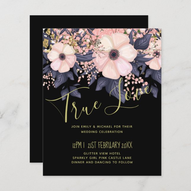 Blush Pink Dusty Blue Black Wedding Floral Budget (Vorne/Hinten)