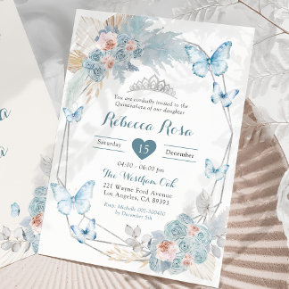 Blush Pink Dusty Blue Butterfly Royal Quinceañera Einladung