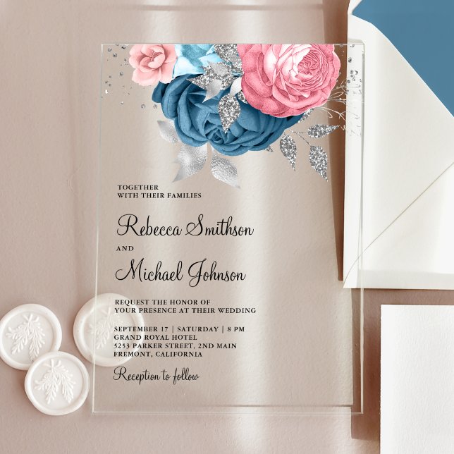 Blush Pink Dusty Blue Floral Wedding Acryleinladungen (Von Creator hochgeladen)