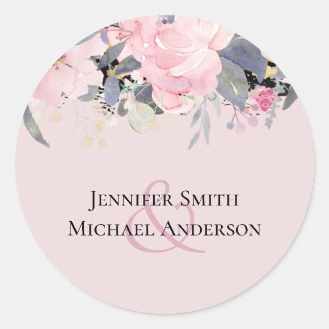 Blush Pink Dusty Blue Floral Wedding Budget Runder Aufkleber (Vorderseite)
