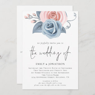 Blush Pink Dusty Blue Florals QR Code Wedding Einladung
