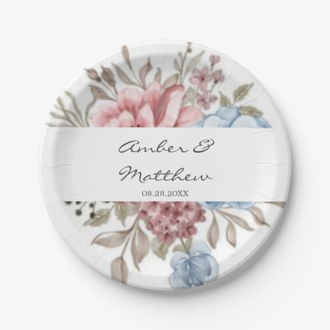 Blush Pink Dusty Blue Peony Wedding Paper Plate Pappteller (Vorderseite)