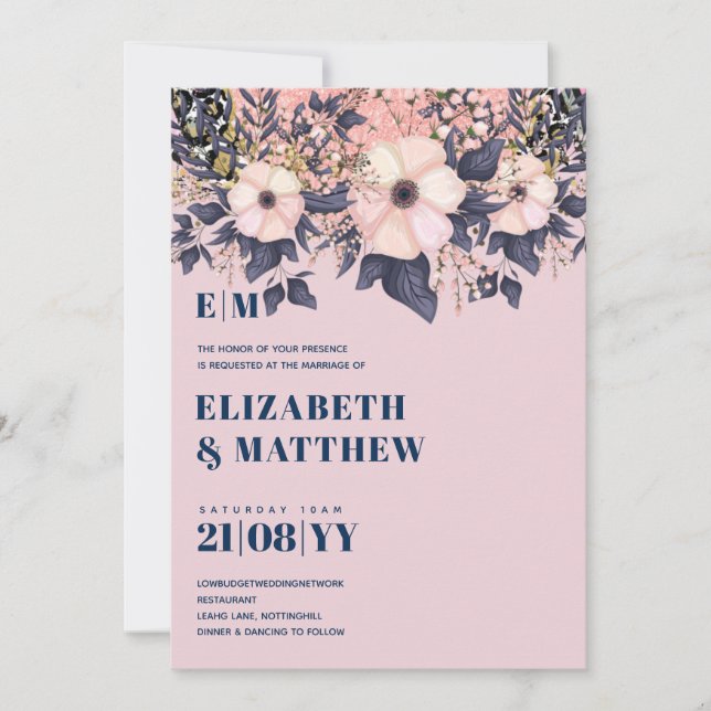 Blush Pink Dusty Blue Rosegold Floral Wedding Chic (Vorderseite)