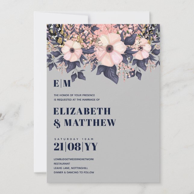 Blush Pink Dusty Blue Rosegold Floral Wedding Chic (Vorderseite)