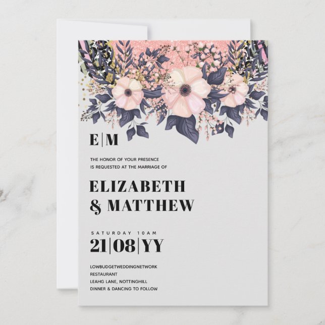 Blush Pink Dusty Blue Rosegold Floral Wedding Chic (Vorderseite)