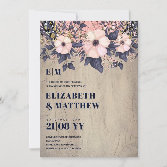 Blush Pink Dusty Blue Rosegold Floral Wedding Chic (Vorderseite)