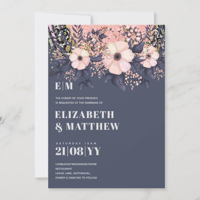 Blush Pink Dusty Blue Rosegold Floral Wedding Chic (Vorderseite)