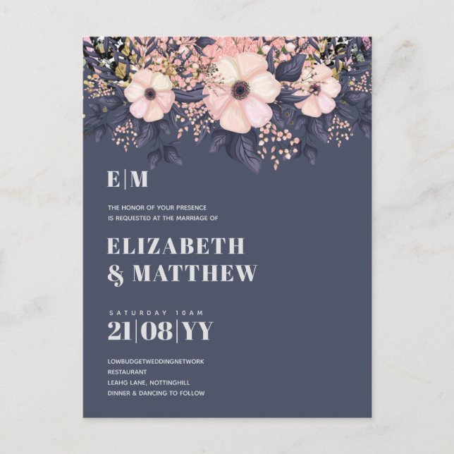 Blush Pink Dusty Blue Rosegold Floral Wedding Chic Postkarte (Vorderseite)