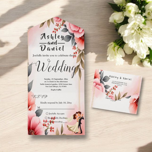 Blush Pink Dusty Rose Bride Groom Bloral Wedding All In One Einladung (Von Creator hochgeladen)