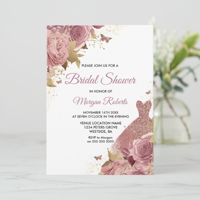 Blush Pink Dusty Rose Dress Brautparty Einladung (Stehend Vorderseite)