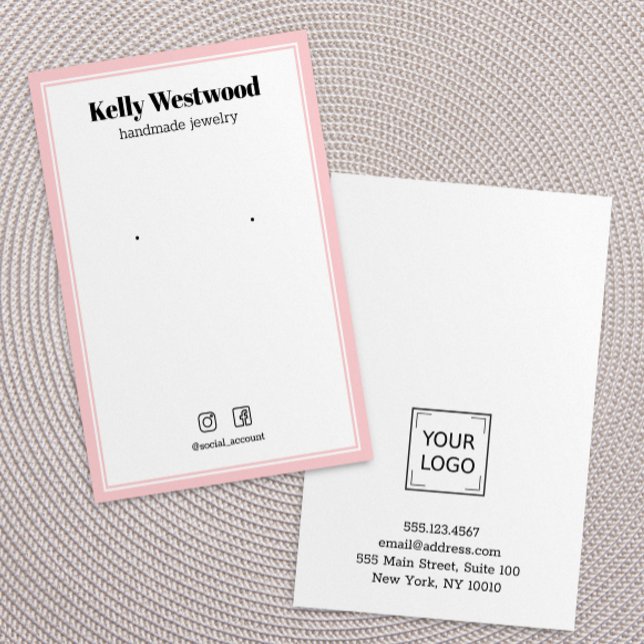 BLUSH PINK EARRING DISPLAY LOGO SOCIAL ICON VISITENKARTE (Blush pink border earring display card with space for your personal logo and featuring social icons)