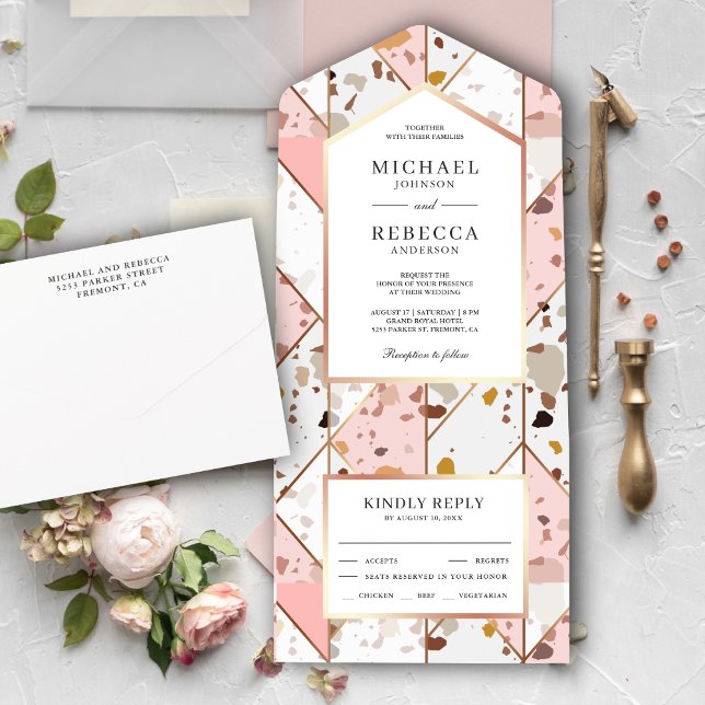 Blush Pink Earthy Geometric Terrazzo Wedding All In One Einladung (Von Creator hochgeladen)