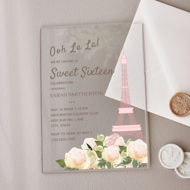 Blush Pink Eiffelturm Weißer Blumenstrauß 16 Acryleinladungen (Paris / Eiffel Tower acrylic Sweet 16 birthday party invitation)