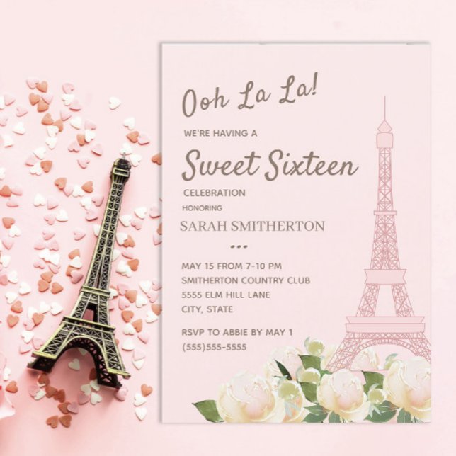 Blush Pink Eiffelturm Weißer Blumenstrauß 16 Einladung (Blush pink Eiffel Tower/Paris Sweet 16 birthday party invitation)