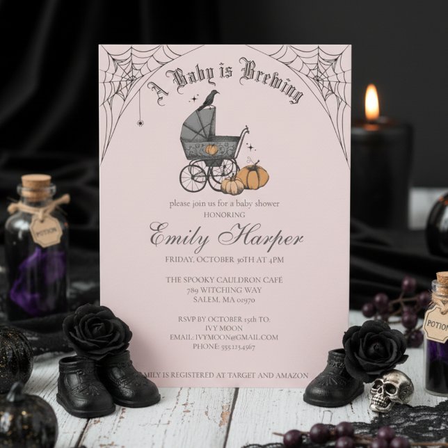 Blush Pink Ein Baby braut eine gotische Babydusche Einladung (Gothic Girl Baby Shower Invitations. Hand Drawn Spooky Retro Stroller in Black Ink for Mother to Be.)