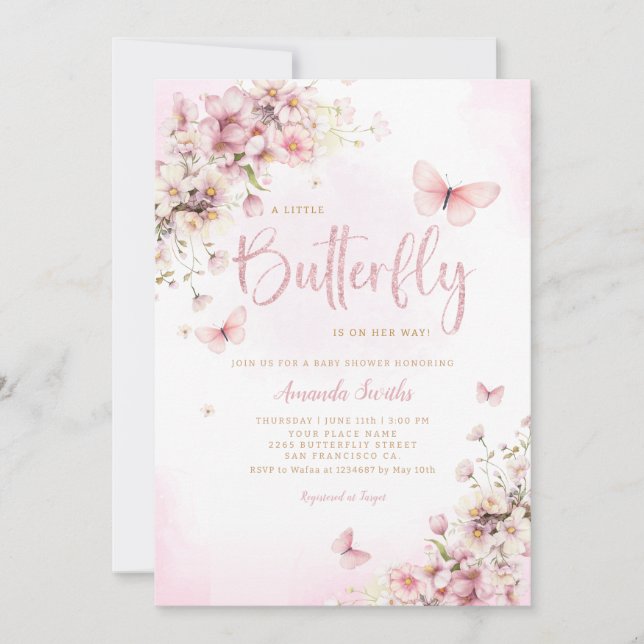 Blush Pink ein kleines Butterfly Girl Babydusche Einladung (Vorderseite)