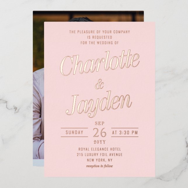 Blush Pink Elegant Foil Script Foto Hochzeit Folieneinladung (Vorderseite/Rückseite)