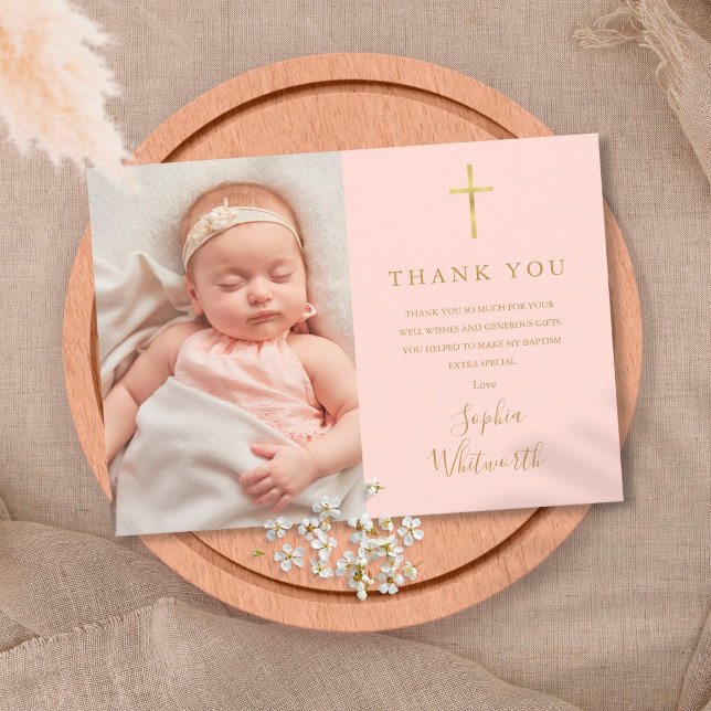 Blush Pink Elegant Gold Taufe Christening Foto Dankeskarte (Von Creator hochgeladen)