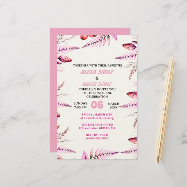 Blush Pink  Elegant Gold Wedding Invitation , Whit Briefpapier (Vorderseite/Rückseite Beispiel)