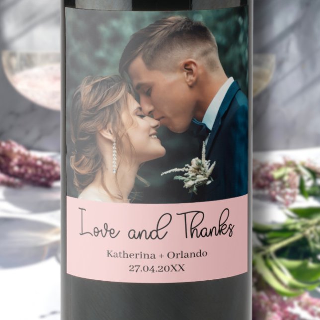 Blush Pink Elegant Wedding Love and Thanks Photo Weinetikett (Von Creator hochgeladen)