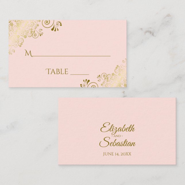 Blush Pink Elegante Gold Lace Wedding Escort Card Platzkarte (Vorne/Hinten)