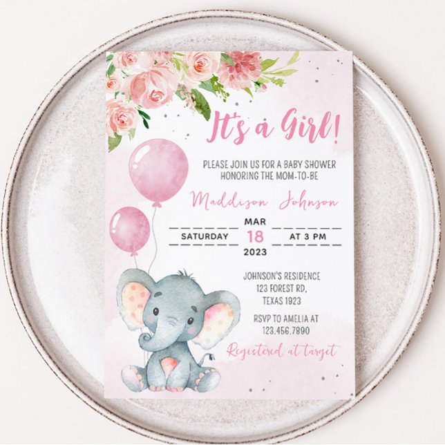 Blush Pink Elephant Baby Dusche Einladung (Pink Floral Baby Elephant Baby Shower Invitation)