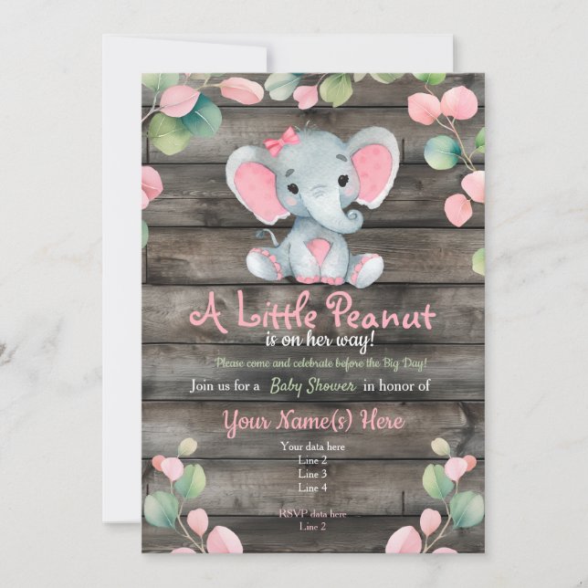 Blush Pink Elephant Baby Dusche Einladung, rustika Einladung (Vorderseite)