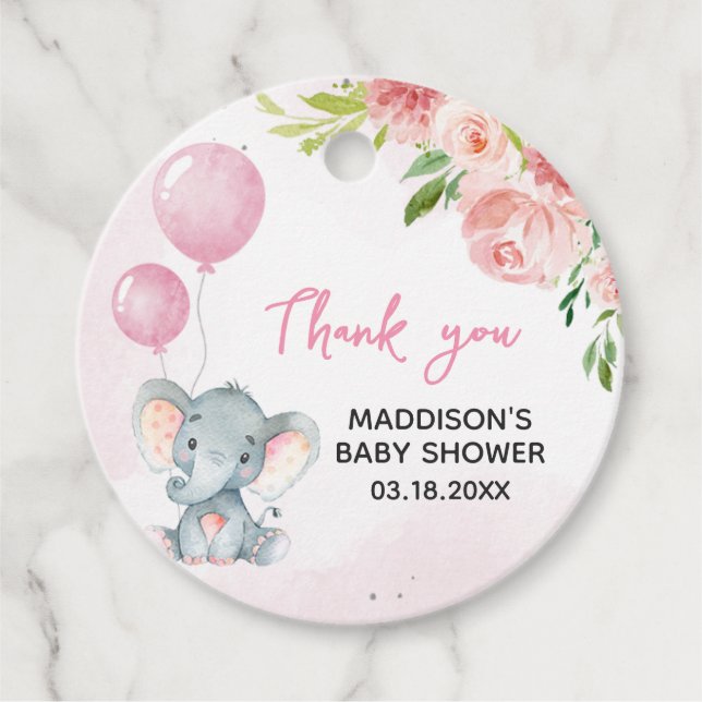 Blush Pink Elephant Baby Dusche Geschenkanhänger (Vorderseite)