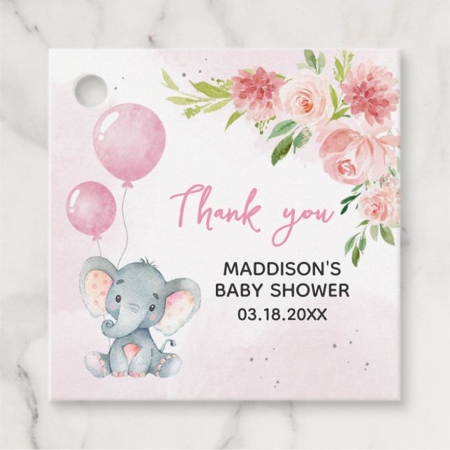 Blush Pink Elephant Baby Dusche Geschenkanhänger (Vorderseite)