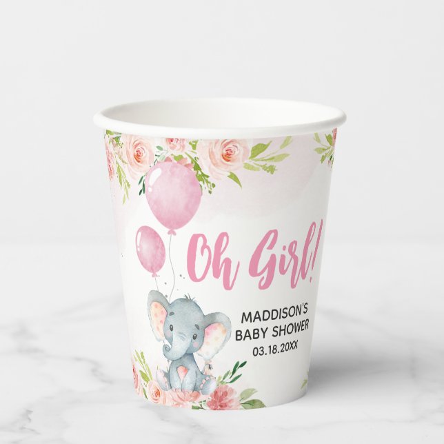 Blush Pink Elephant Baby Dusche Pappbecher (Vorderseite)