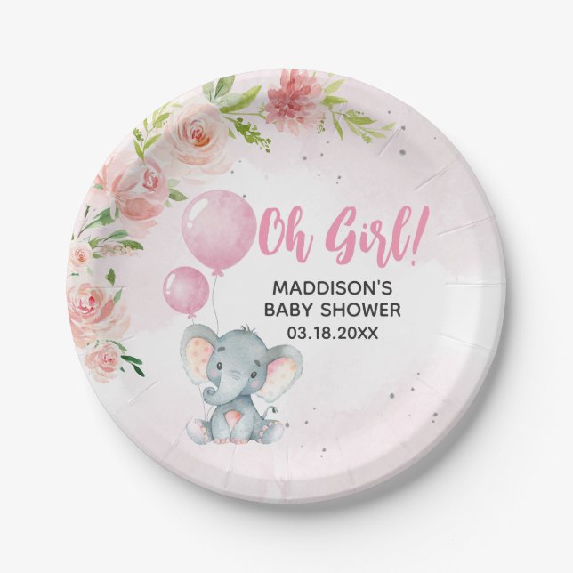 Blush Pink Elephant Baby Dusche Pappteller (Vorderseite)