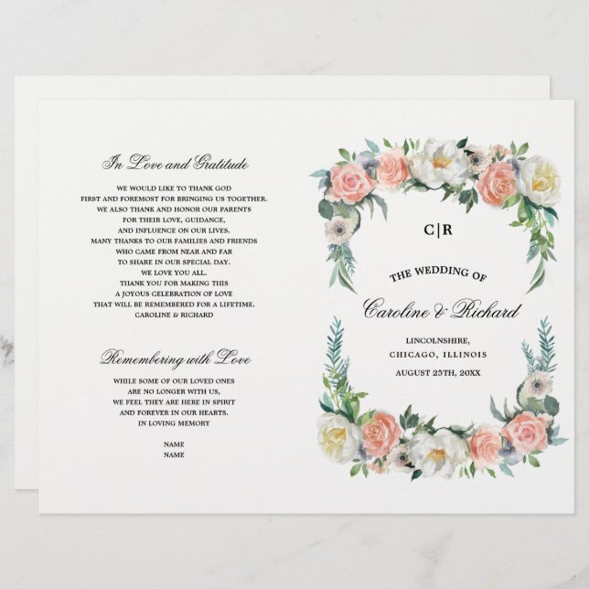 Blush Pink Elfenbeinblume Hochzeitsprigramm (Vorne/Hinten)