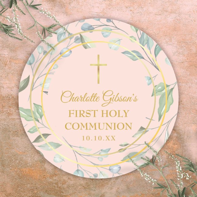 Blush Pink Erste Heilige Kommunion Grüne Runder Aufkleber (Blush Pink First Holy Communion Greenery Classic Round Sticker)