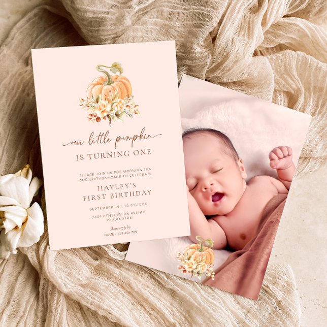 Blush Pink Fall ein wenig Pumpkin ersten Geburtsta Einladung (Fall first birthday invitation. Our little pumpkin is turning one invitation)