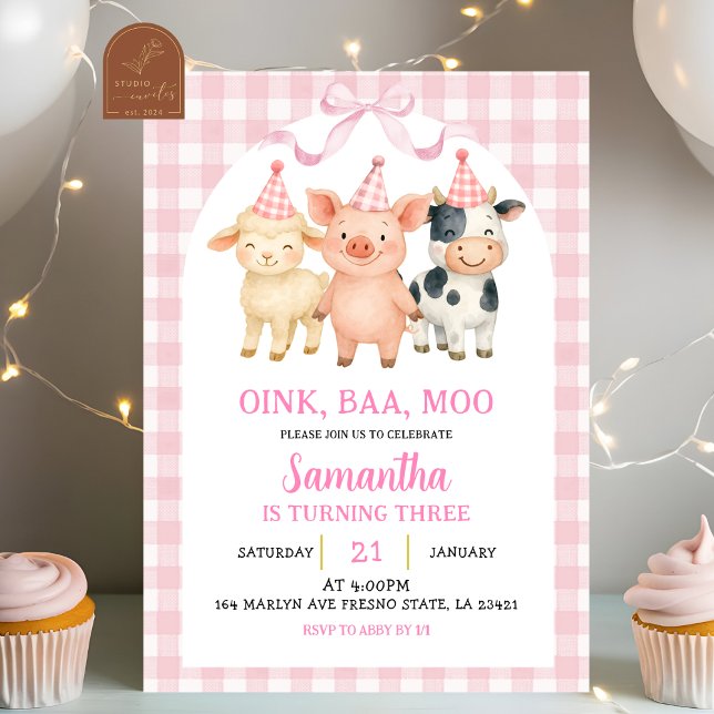 Blush Pink Farm Party Gingham Birthday Einladung (Von Creator hochgeladen)
