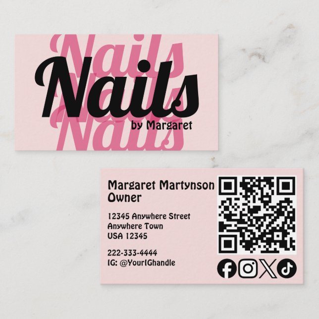 Blush Pink Fette Soziale Icon QR-Code Nagelstudio Visitenkarte (Vorne/Hinten)