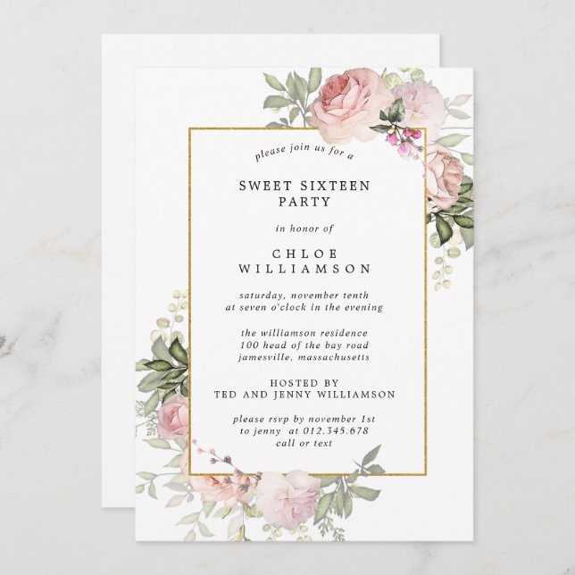 Blush Pink Floral 16 . Geburtstag Party Einladung (Vorne/Hinten)