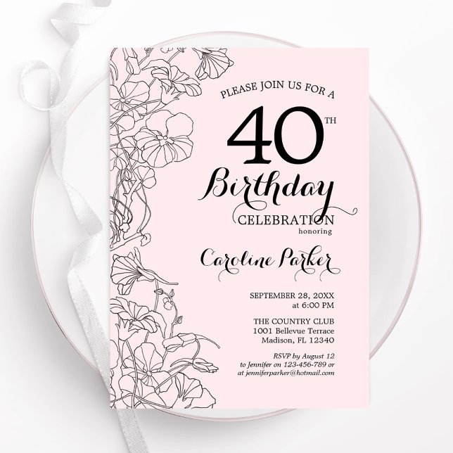 Blush Pink Floral 40. Geburtstag Party Einladung (Von Creator hochgeladen)