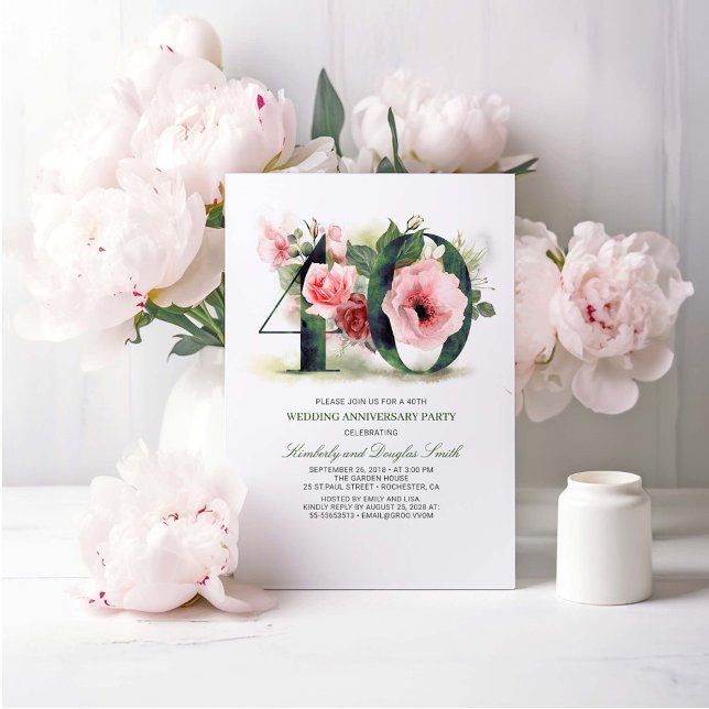 Blush Pink Floral 40. Hochzeitstag Einladung (40th Wedding Anniversary Invitations)