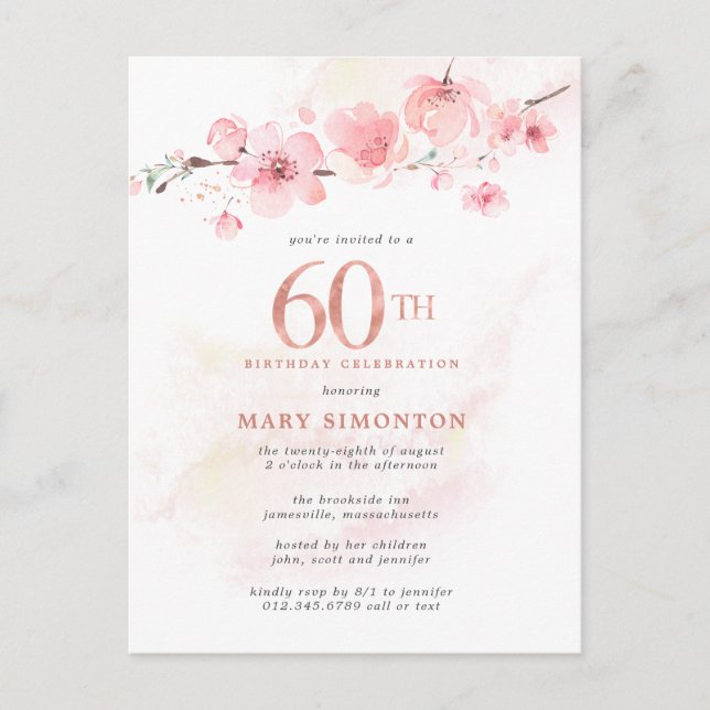 Blush Pink Floral 60. Geburtstag Einladungspostkarte (Vorderseite)