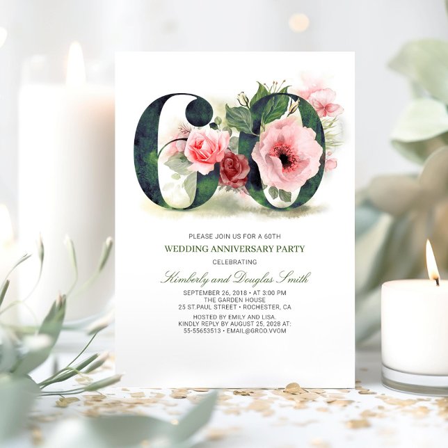 Blush Pink Floral 60. Hochzeitstag Einladung (60th Wedding Anniversary Invitations)