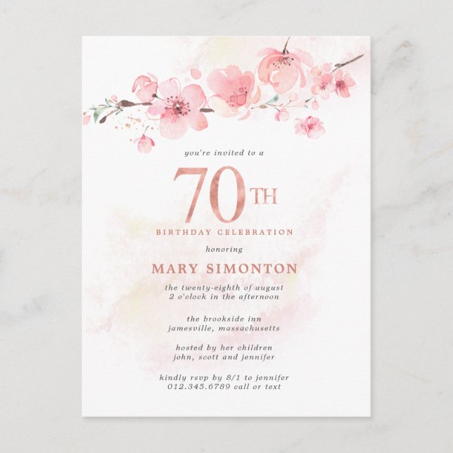 Blush Pink Floral 70. Geburtstag Einladungspostkarte (Vorderseite)