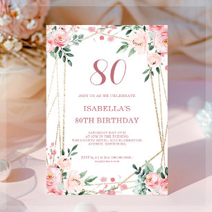 Blush Pink Floral 80. Geburtstag Einladung