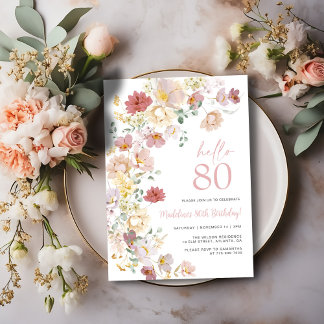 Blush Pink Floral 80. Geburtstag Einladung