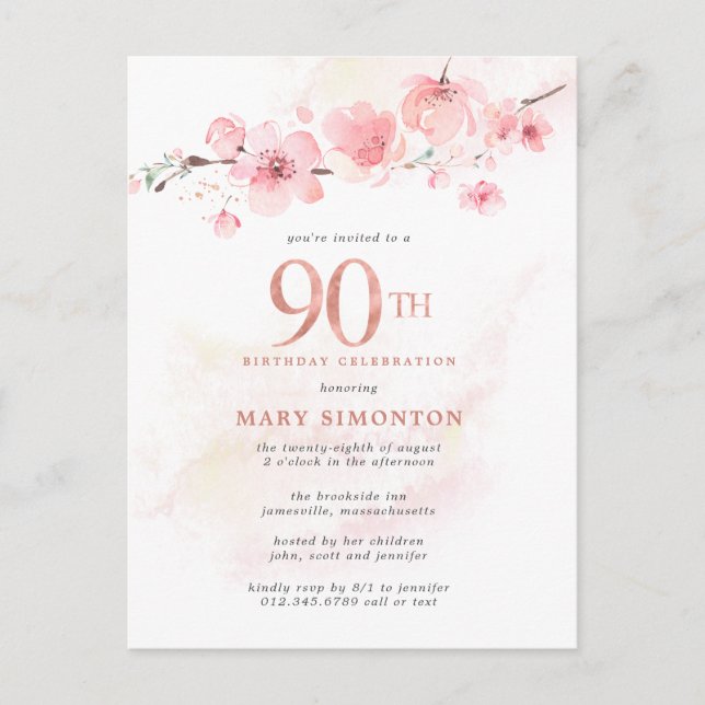 Blush Pink Floral 90. Geburtstag Einladungspostkarte (Vorderseite)