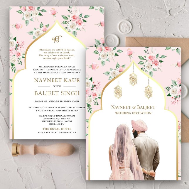 Blush Pink Floral Anand Karaj Sikh Wedding Einladung (Von Creator hochgeladen)