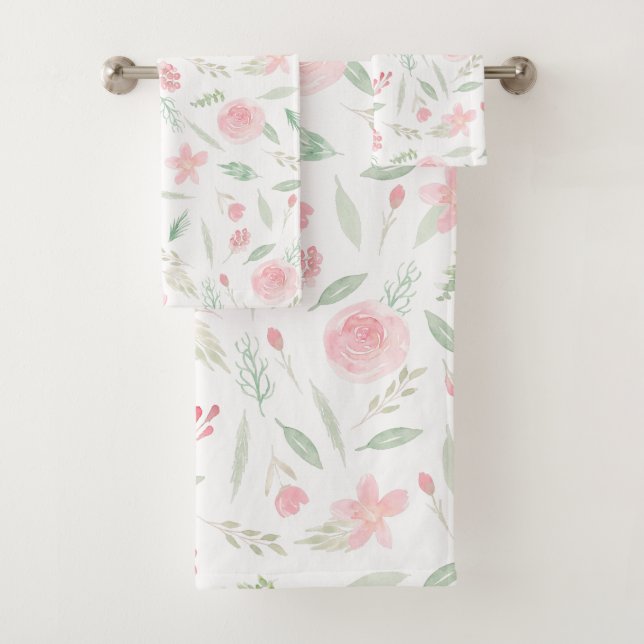 Blush Pink Floral Aquarell Badhandtuch Set (Insitu)
