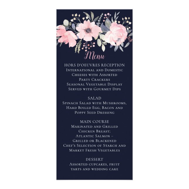 Blush Pink Floral auf Navy Hochzeit | Menü (Vorne)